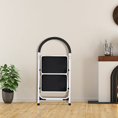 Escalera Plegable de Metal con 2 Peldaños en Estructura Resistente y Cómoda Empuñadura para Casa Cocina Garaje Hasta 150 kg Negro