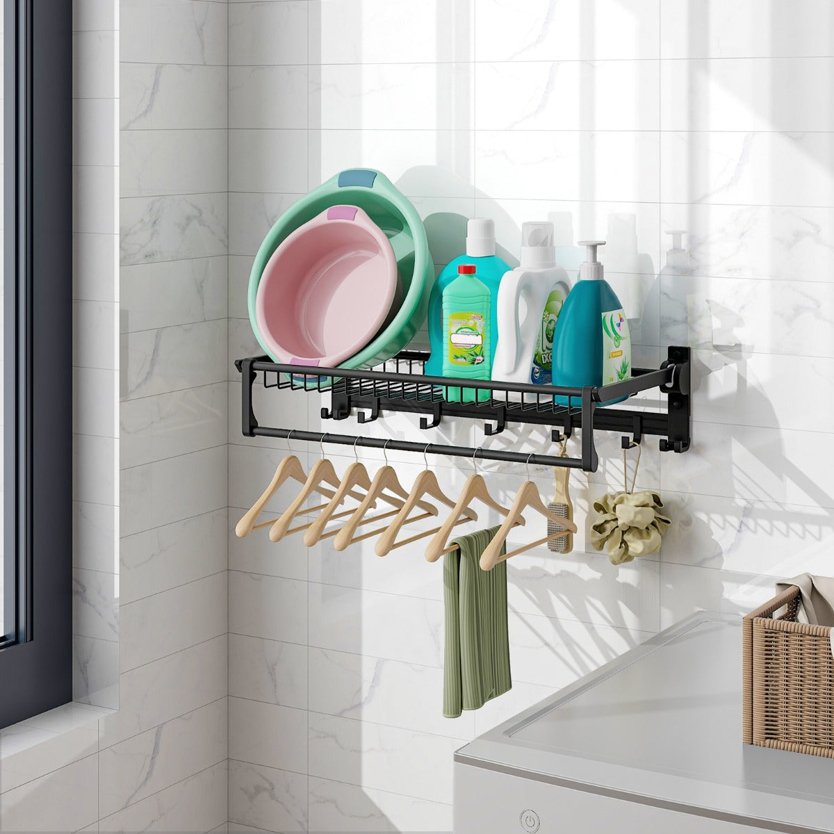 Toallero de Baño Plegable con Barra Ajustable y Ganchos Móviles Estante de Aluminio Resistente Óxido Impermeable 59,5 x 26 x 14 cm Negro