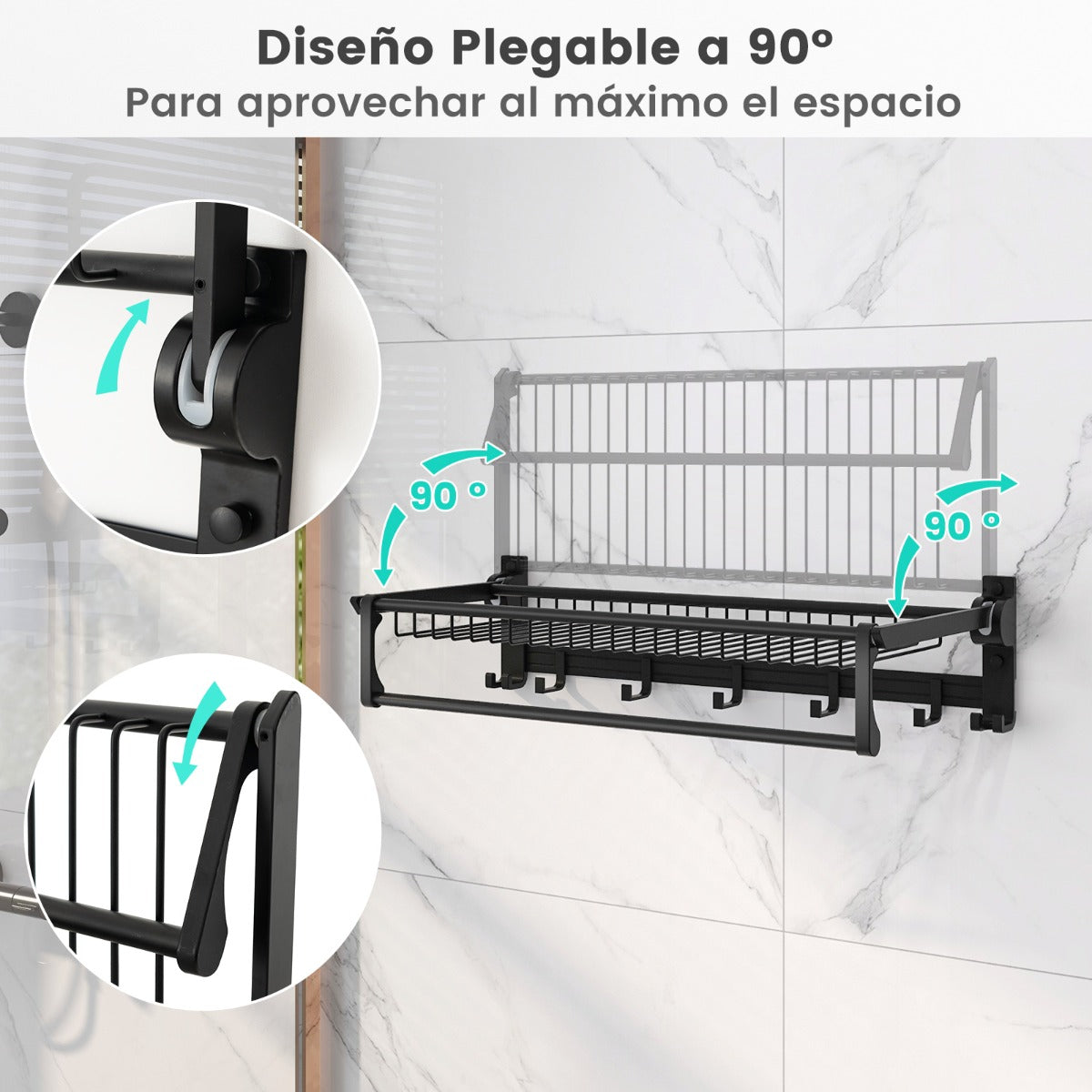 Toallero de Baño Plegable con Barra Ajustable y Ganchos Móviles Estante de Aluminio Resistente Óxido Impermeable 59,5 x 26 x 14 cm Negro
