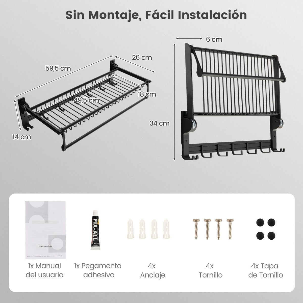 Toallero de Baño Plegable con Barra Ajustable y Ganchos Móviles Estante de Aluminio Resistente Óxido Impermeable 59,5 x 26 x 14 cm Negro