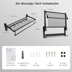 Toallero de Baño Plegable con Barra Ajustable y Ganchos Móviles Estante de Aluminio Resistente Óxido Impermeable 59,5 x 26 x 14 cm Negro