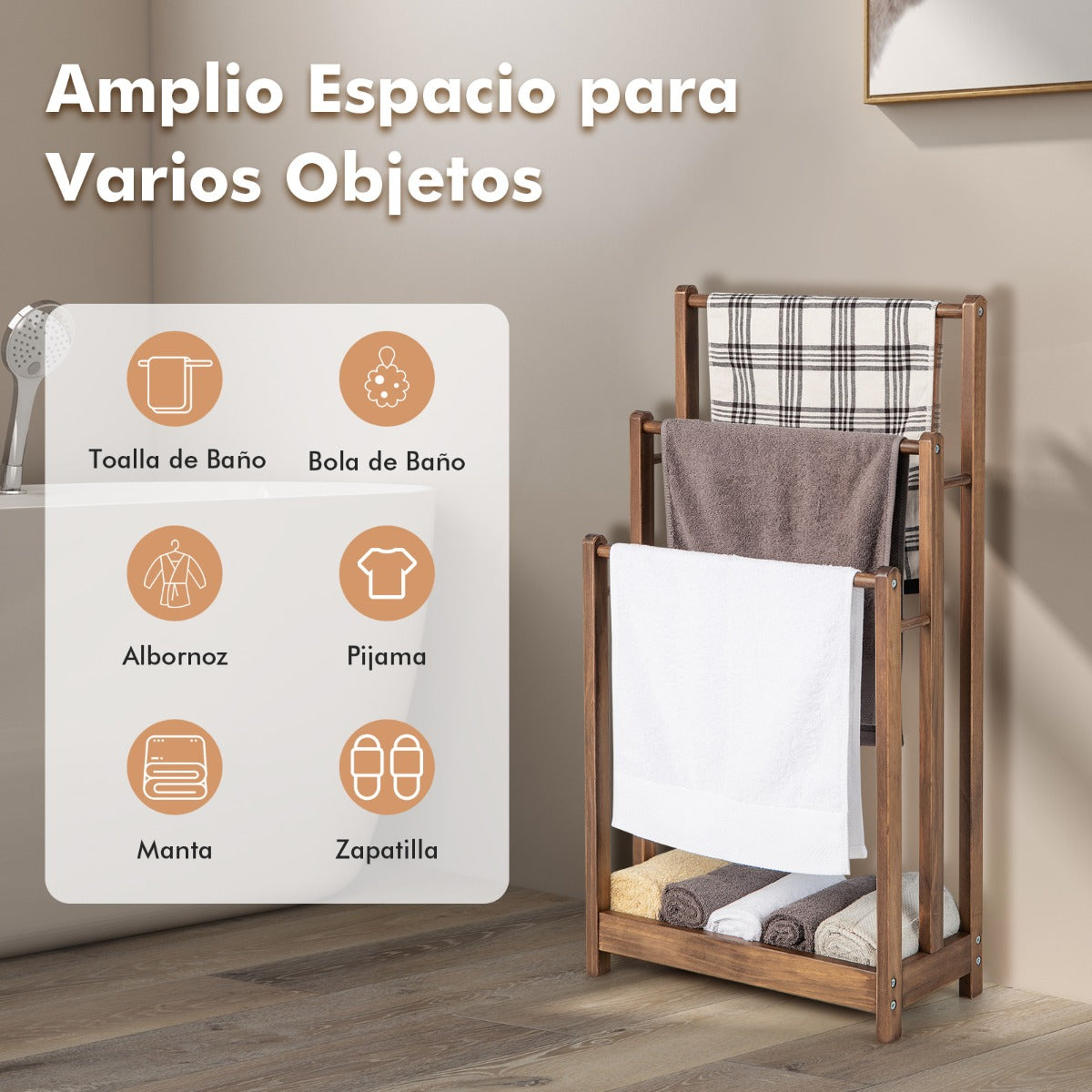 Toallero de Madera de Pie de 3 Niveles con Estante Inferior Soporte de Secado para Baño 45 x 22 x 86 cm Marrón Rústico