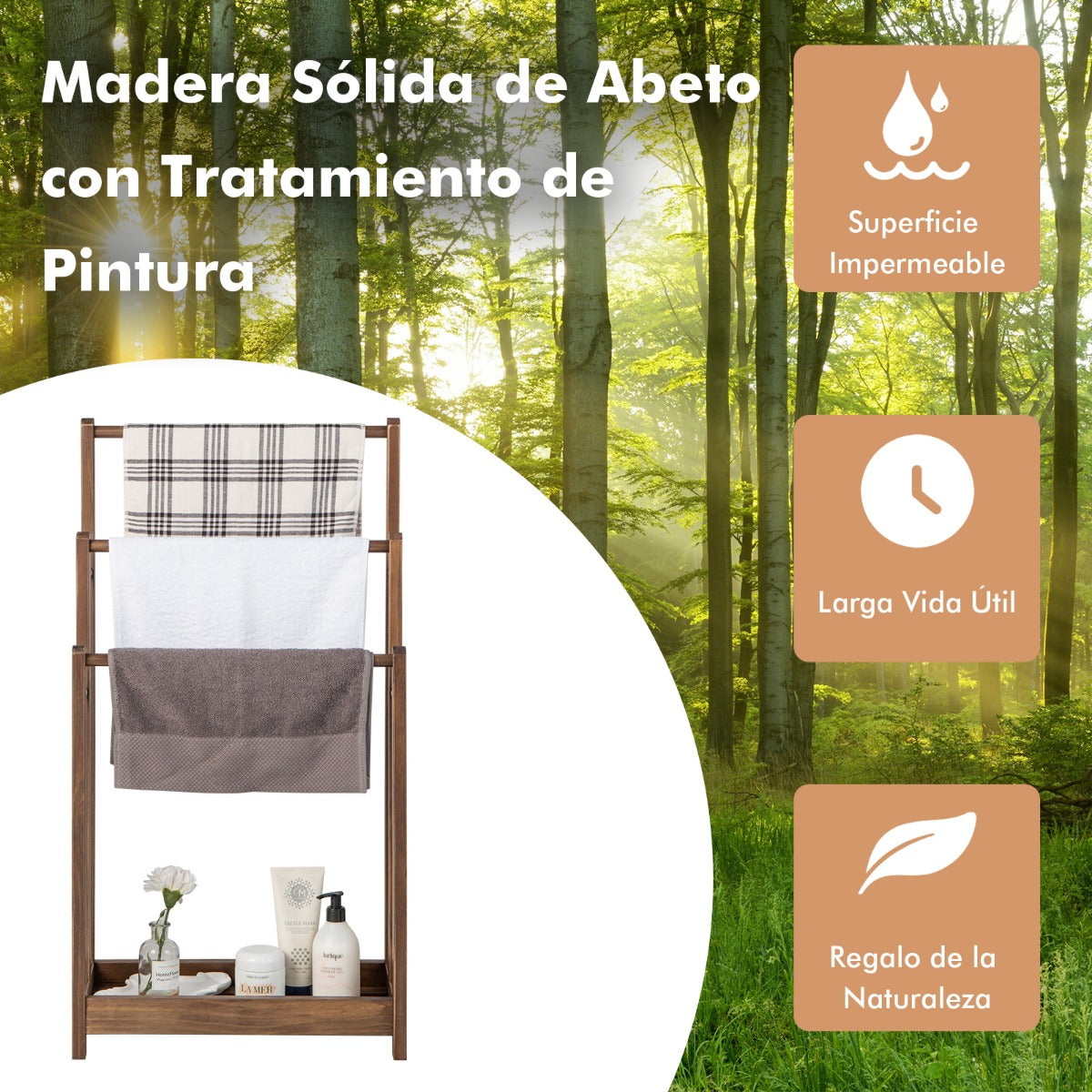Toallero de Madera de Pie de 3 Niveles con Estante Inferior Soporte de Secado para Baño 45 x 22 x 86 cm Marrón Rústico
