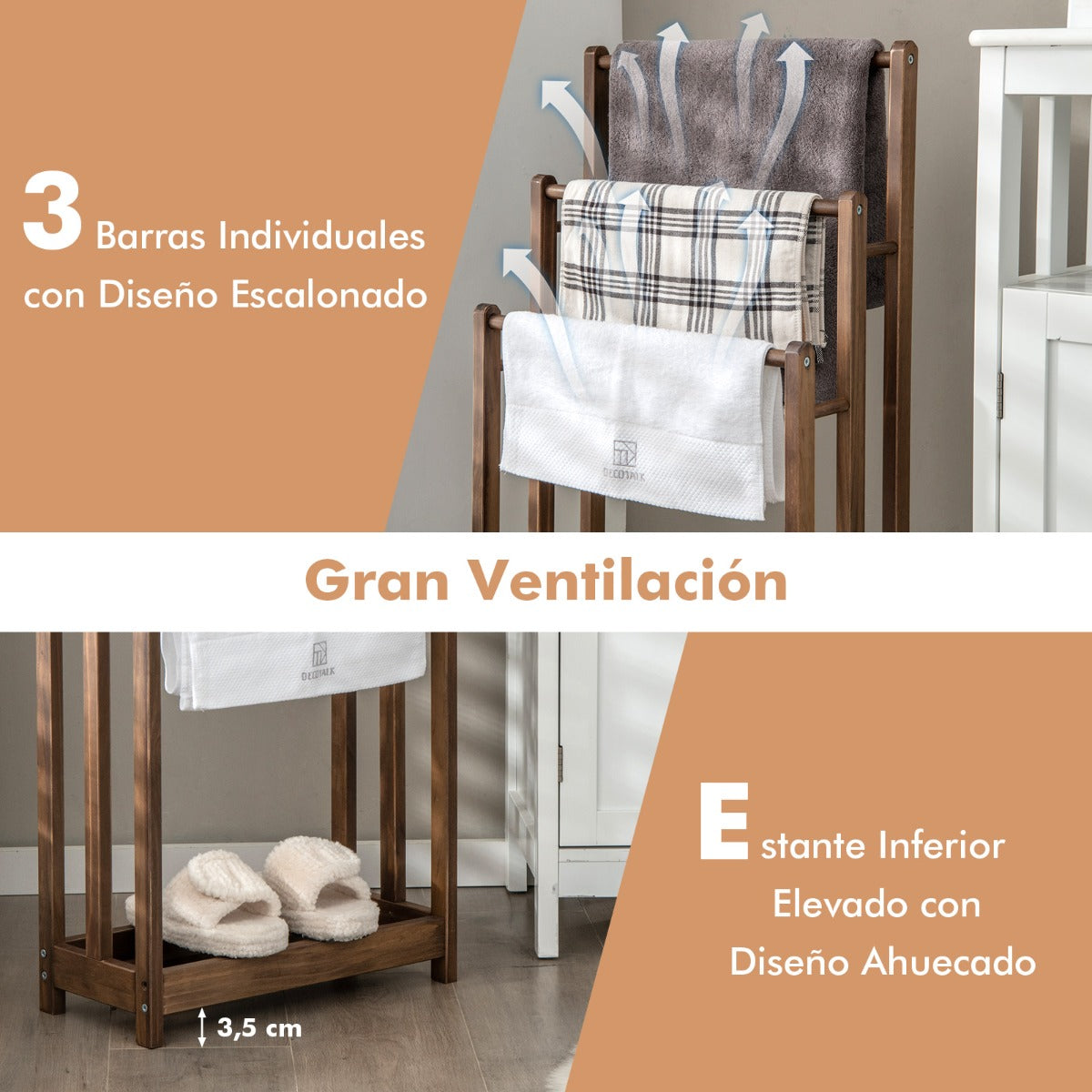 Toallero de Madera de Pie de 3 Niveles con Estante Inferior Soporte de Secado para Baño 45 x 22 x 86 cm Marrón Rústico