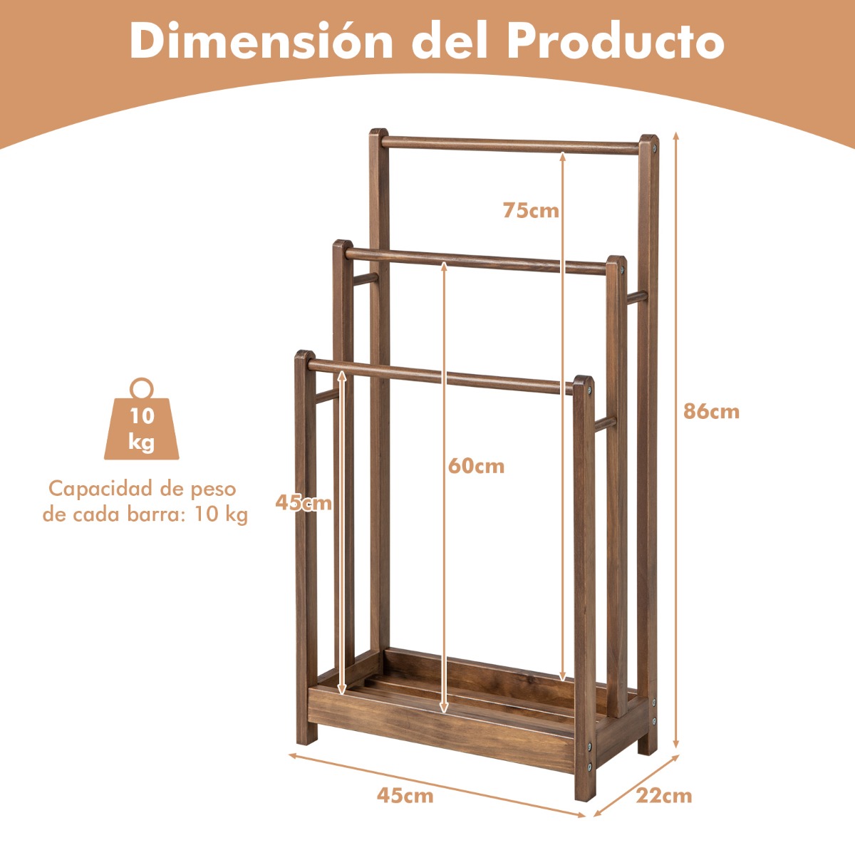 Toallero de Madera de Pie de 3 Niveles con Estante Inferior Soporte de Secado para Baño 45 x 22 x 86 cm Marrón Rústico