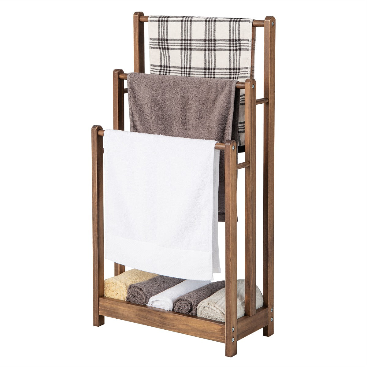 Toallero de Madera de Pie de 3 Niveles con Estante Inferior Soporte de Secado para Baño 45 x 22 x 86 cm Marrón Rústico