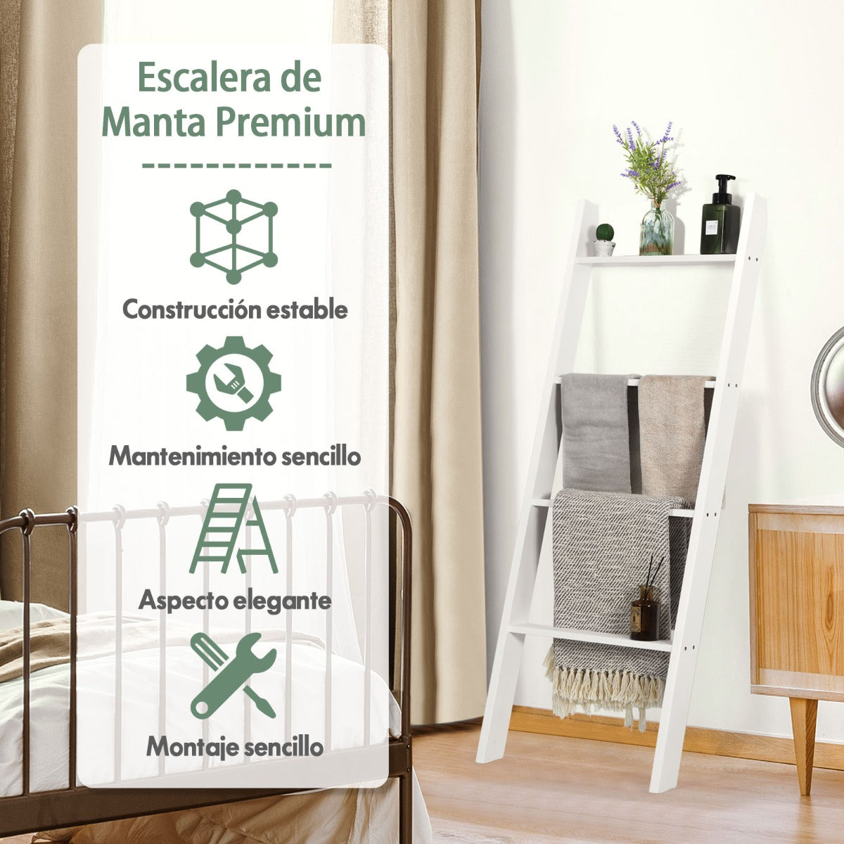 Toallero Escalera de Madera 4 Niveles Estante de Pared Decorativo para Salón Baño y Dormitorio 50,5 x 7,5 x 137 cm Blanco