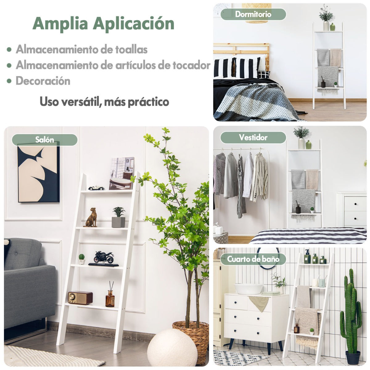 Toallero Escalera de Madera 4 Niveles Estante de Pared Decorativo para Salón Baño y Dormitorio 50,5 x 7,5 x 137 cm Blanco