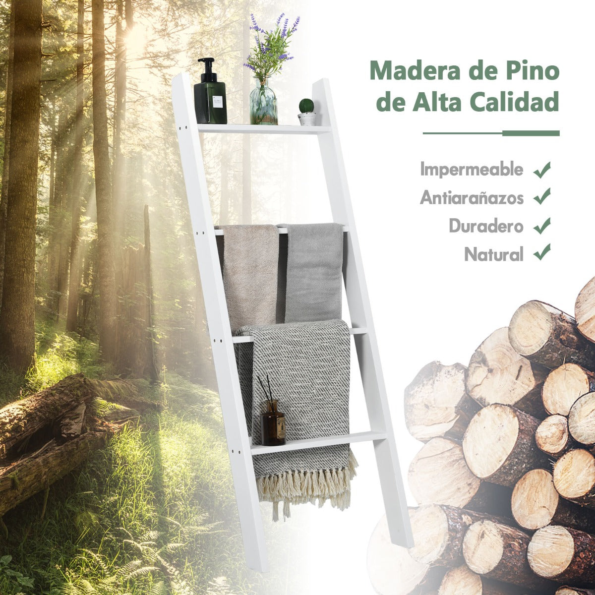 Toallero Escalera de Madera 4 Niveles Estante de Pared Decorativo para Salón Baño y Dormitorio 50,5 x 7,5 x 137 cm Blanco