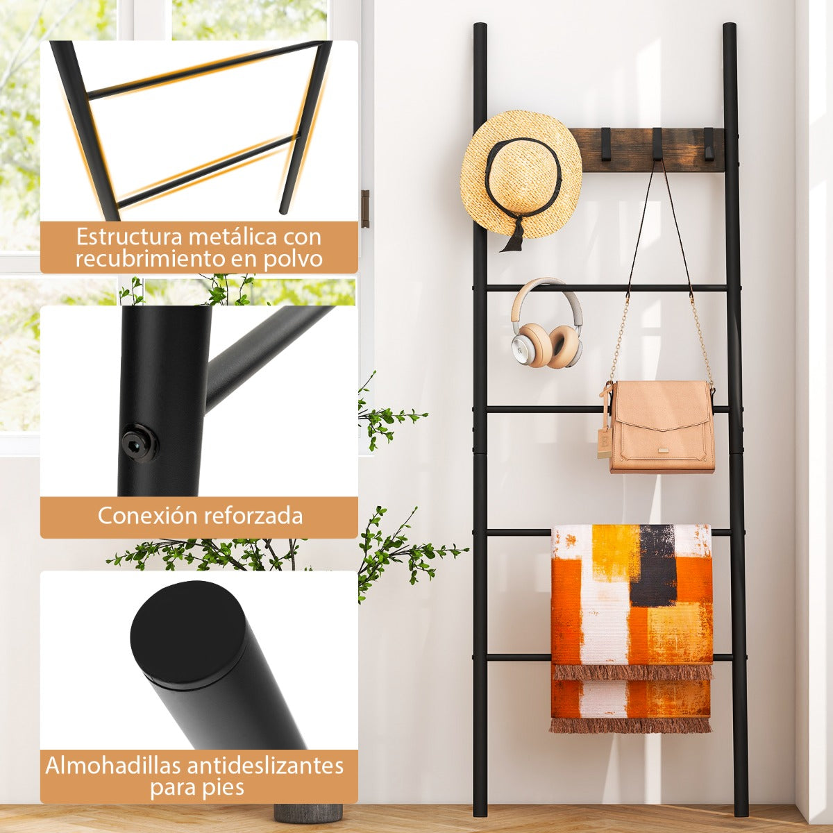 Toallero Escalera de Manta Apoyada en la Pared Escalera para Toallas de 5 Peldaños 5 Ganchos Estante de Secado para Baño 60 x 3,2 x 180 cm