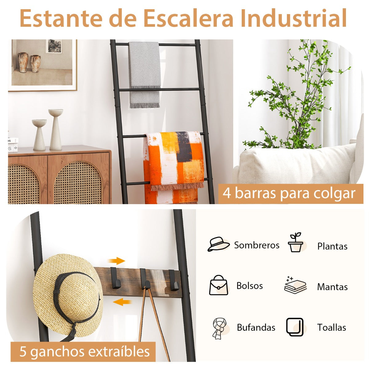 Toallero Escalera de Manta Apoyada en la Pared Escalera para Toallas de 5 Peldaños 5 Ganchos Estante de Secado para Baño 60 x 3,2 x 180 cm