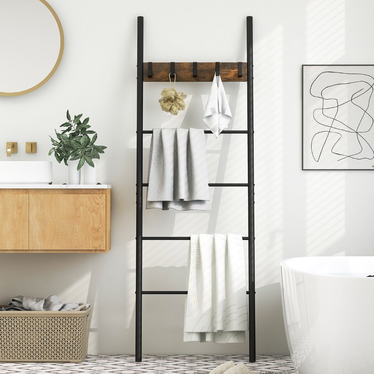 Toallero Escalera de Manta Apoyada en la Pared Escalera para Toallas de 5 Peldaños 5 Ganchos Estante de Secado para Baño 60 x 3,2 x 180 cm