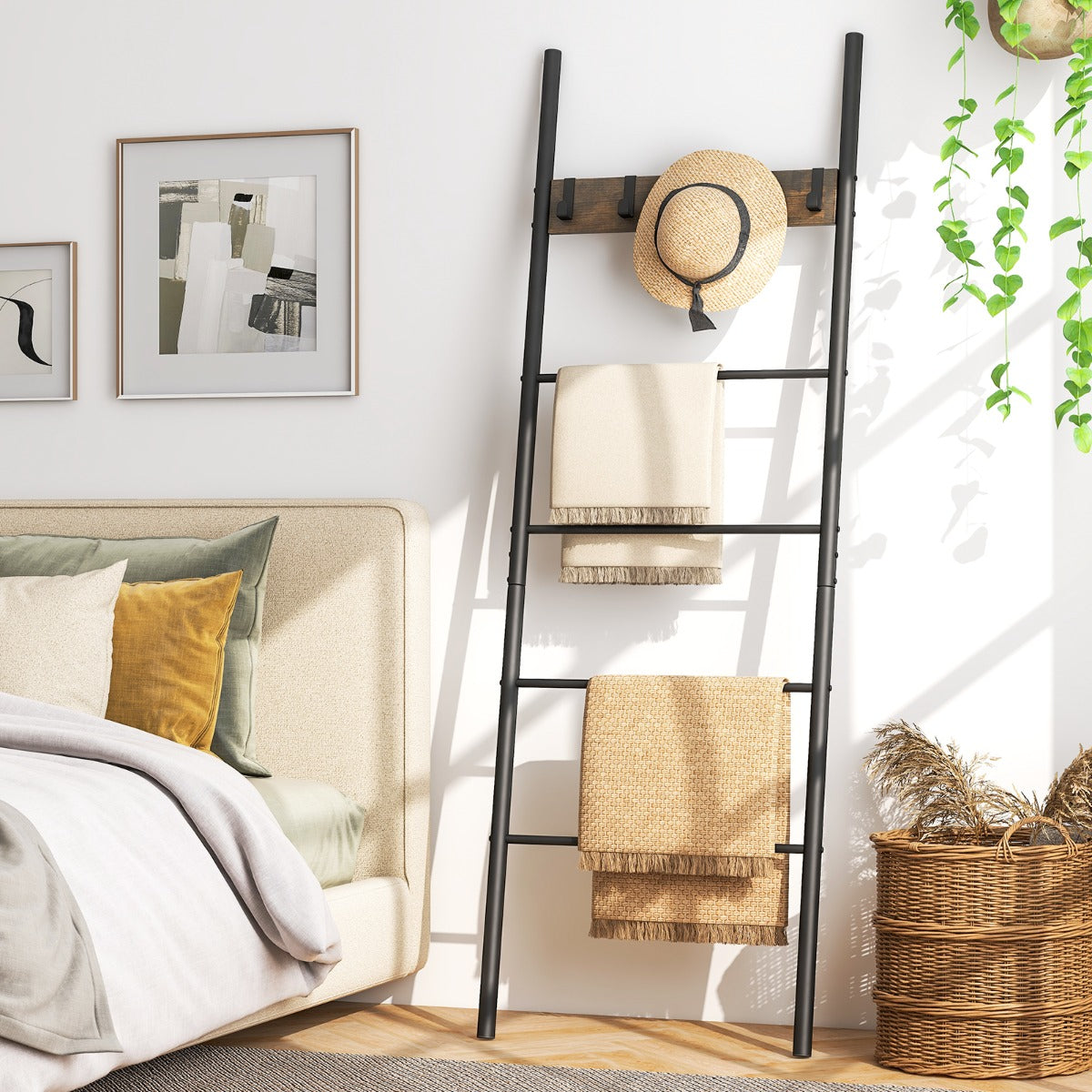 Toallero Escalera de Manta Apoyada en la Pared Escalera para Toallas de 5 Peldaños 5 Ganchos Estante de Secado para Baño 60 x 3,2 x 180 cm