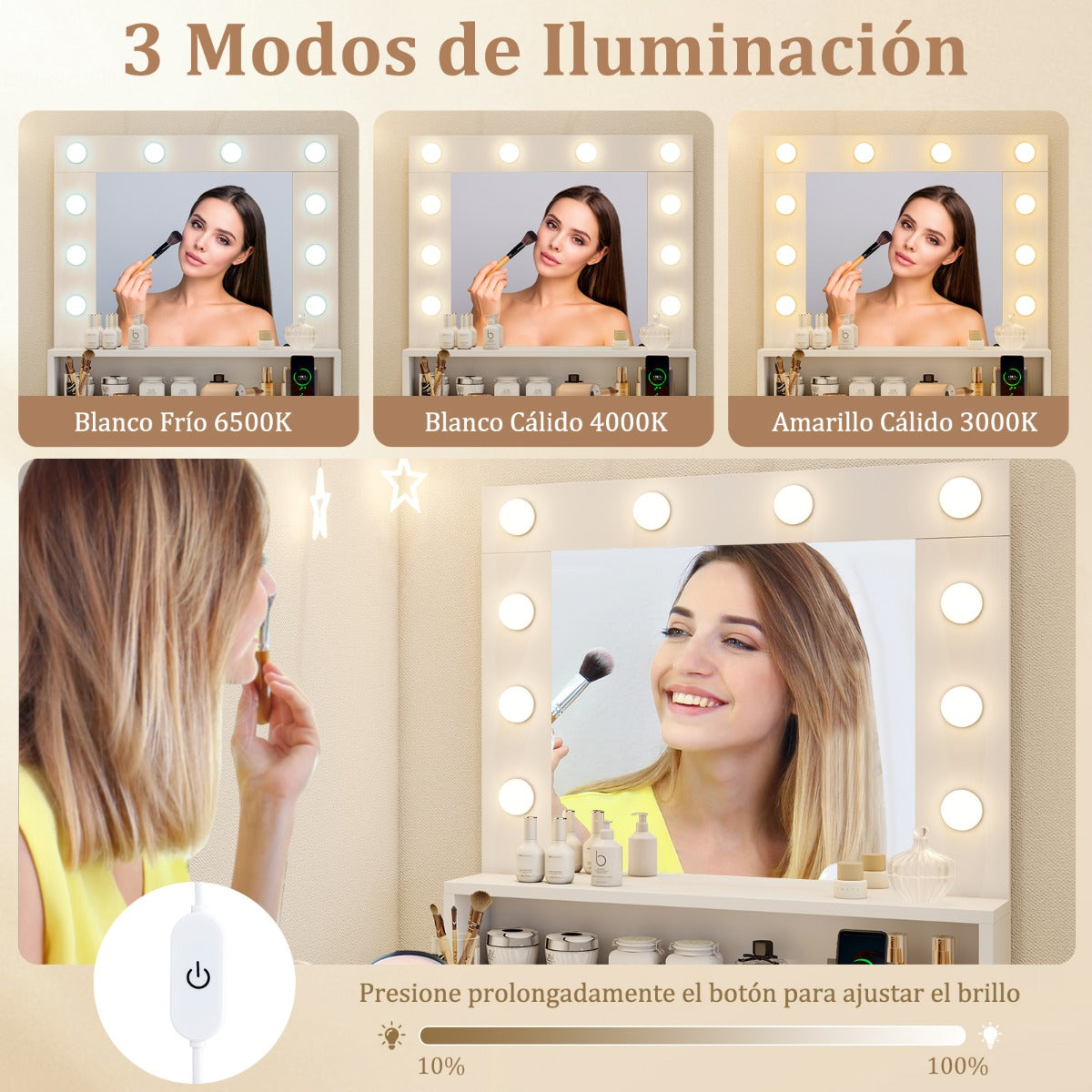 Tocador con Espejo y 3 Modos de Luz Estación de Carga Integrada Estantes y Cajón Blanco