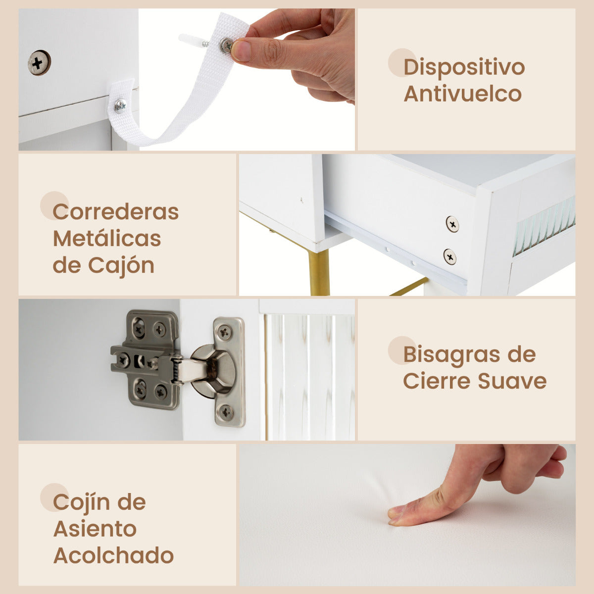 Tocador de Maquillaje con Espejo y Luces Juego de Tocador y Taburete con Estación de Carga Luces LED de 3 Colores Armario para Joyas Blanco