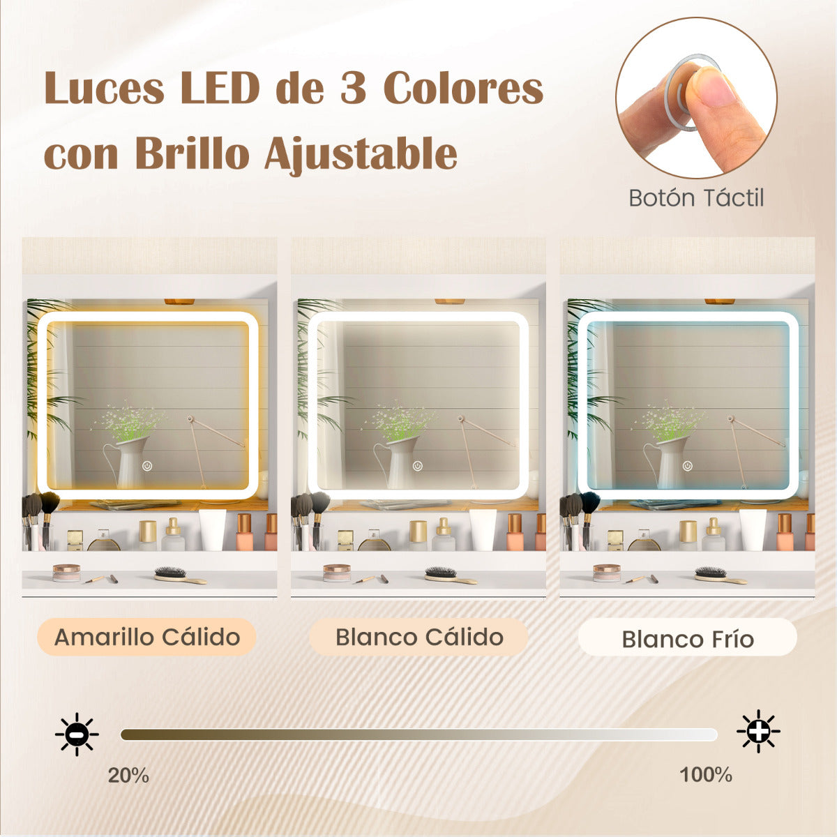 Tocador de Maquillaje con Espejo y Luces Juego de Tocador y Taburete con Estación de Carga Luces LED de 3 Colores Armario para Joyas Blanco