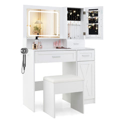 Tocador de Maquillaje con Espejo y Luces LED de 3 Colores Juego de Tocador y Taburete con Estación de Carga Armario para Joyas Cajones Blanco