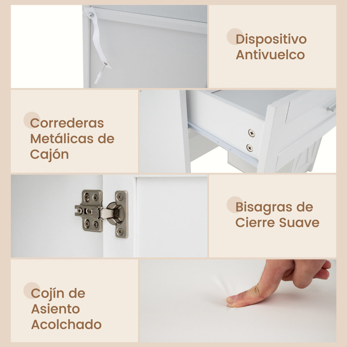 Tocador de Maquillaje con Espejo y Luces LED de 3 Colores Juego de Tocador y Taburete con Estación de Carga Armario para Joyas Cajones Blanco