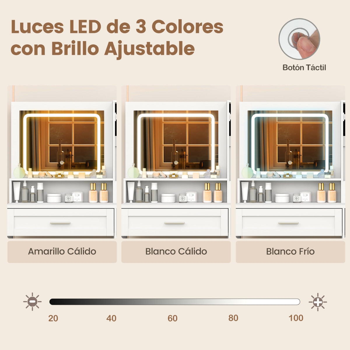 Tocador de Maquillaje con Espejo y Luces LED de 3 Colores Juego de Tocador y Taburete con Estación de Carga Armario para Joyas Cajones Blanco