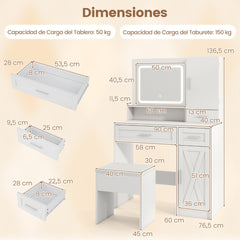 Tocador de Maquillaje con Espejo y Luces LED de 3 Colores Juego de Tocador y Taburete con Estación de Carga Armario para Joyas Cajones Blanco