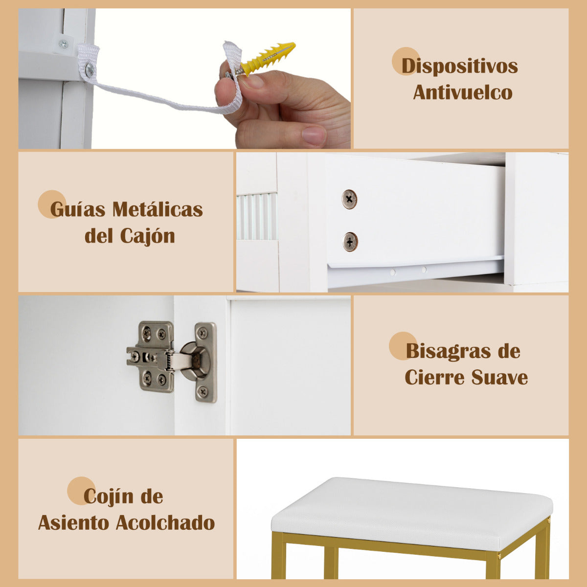 Tocador de Maquillaje con Espejo Iluminado Juego de Tocador y Taburete con Estación de Carga Luces LED de 3 Colores Cajones y Estante Blanco