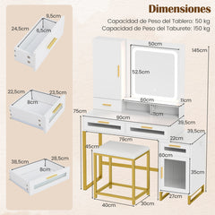 Tocador de Maquillaje con Espejo Iluminado Juego de Tocador y Taburete con Estación de Carga Luces LED de 3 Colores Cajones y Estante Blanco