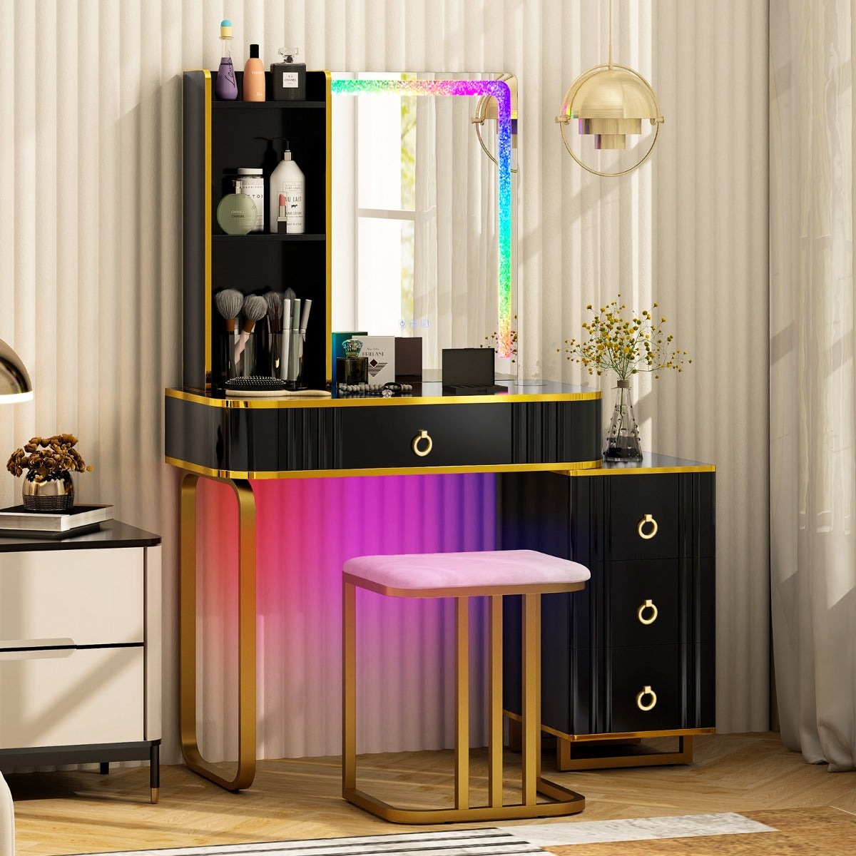 Tocador RGB de Maquillaje con Espejo 4 Cajones 7 Luces LED Dinámicas 7 Estáticas Taburete y Puertos USB Tipo C para Dormitorio Negro