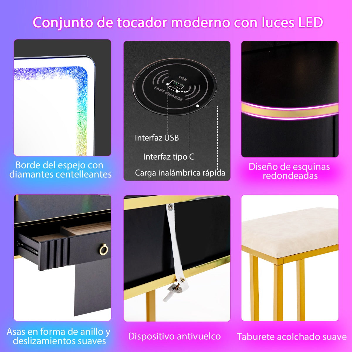 Tocador RGB de Maquillaje con Espejo 4 Cajones 7 Luces LED Dinámicas 7 Estáticas Taburete y Puertos USB Tipo C para Dormitorio Negro