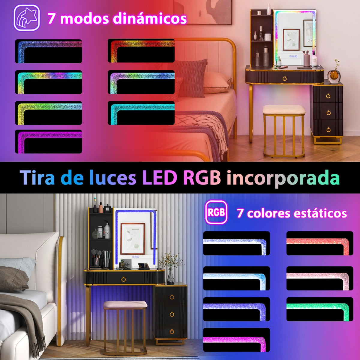 Tocador RGB de Maquillaje con Espejo 4 Cajones 7 Luces LED Dinámicas 7 Estáticas Taburete y Puertos USB Tipo C para Dormitorio Negro