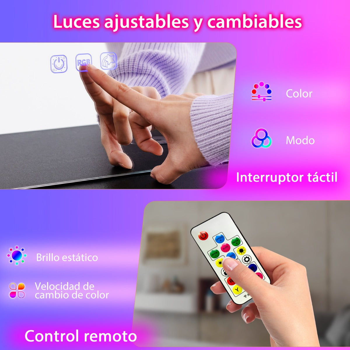 Tocador RGB de Maquillaje con Espejo 4 Cajones 7 Luces LED Dinámicas 7 Estáticas Taburete y Puertos USB Tipo C para Dormitorio Negro