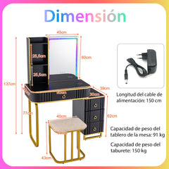 Tocador RGB de Maquillaje con Espejo 4 Cajones 7 Luces LED Dinámicas 7 Estáticas Taburete y Puertos USB Tipo C para Dormitorio Negro