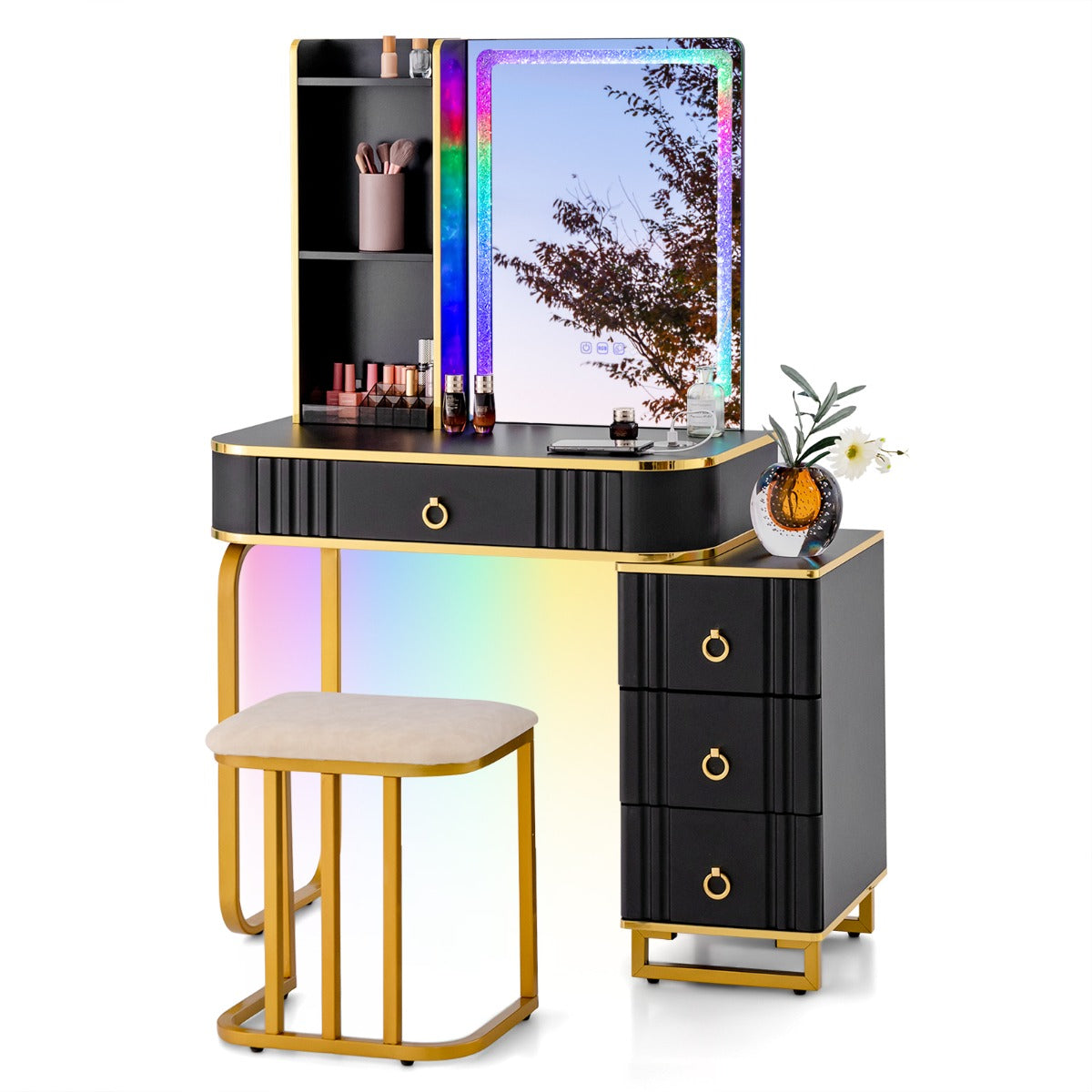 Tocador RGB de Maquillaje con Espejo 4 Cajones 7 Luces LED Dinámicas 7 Estáticas Taburete y Puertos USB Tipo C para Dormitorio Negro
