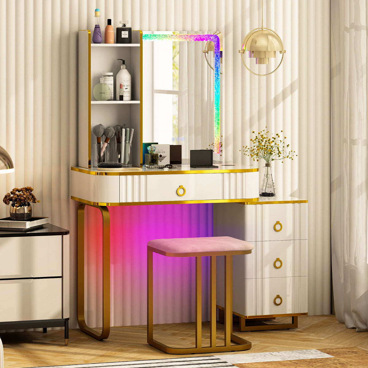 Tocador RGB de Maquillaje con Espejo 4 Cajones 7 Luces LED Dinámicas 7 Estáticas Taburete y Puertos USB Tipo C para Dormitorio Blanco