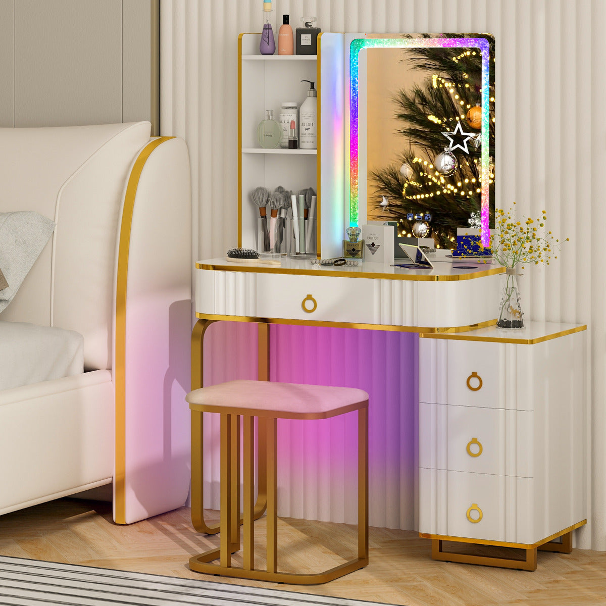 Tocador RGB de Maquillaje con Espejo 4 Cajones 7 Luces LED Dinámicas 7 Estáticas Taburete y Puertos USB Tipo C para Dormitorio Blanco