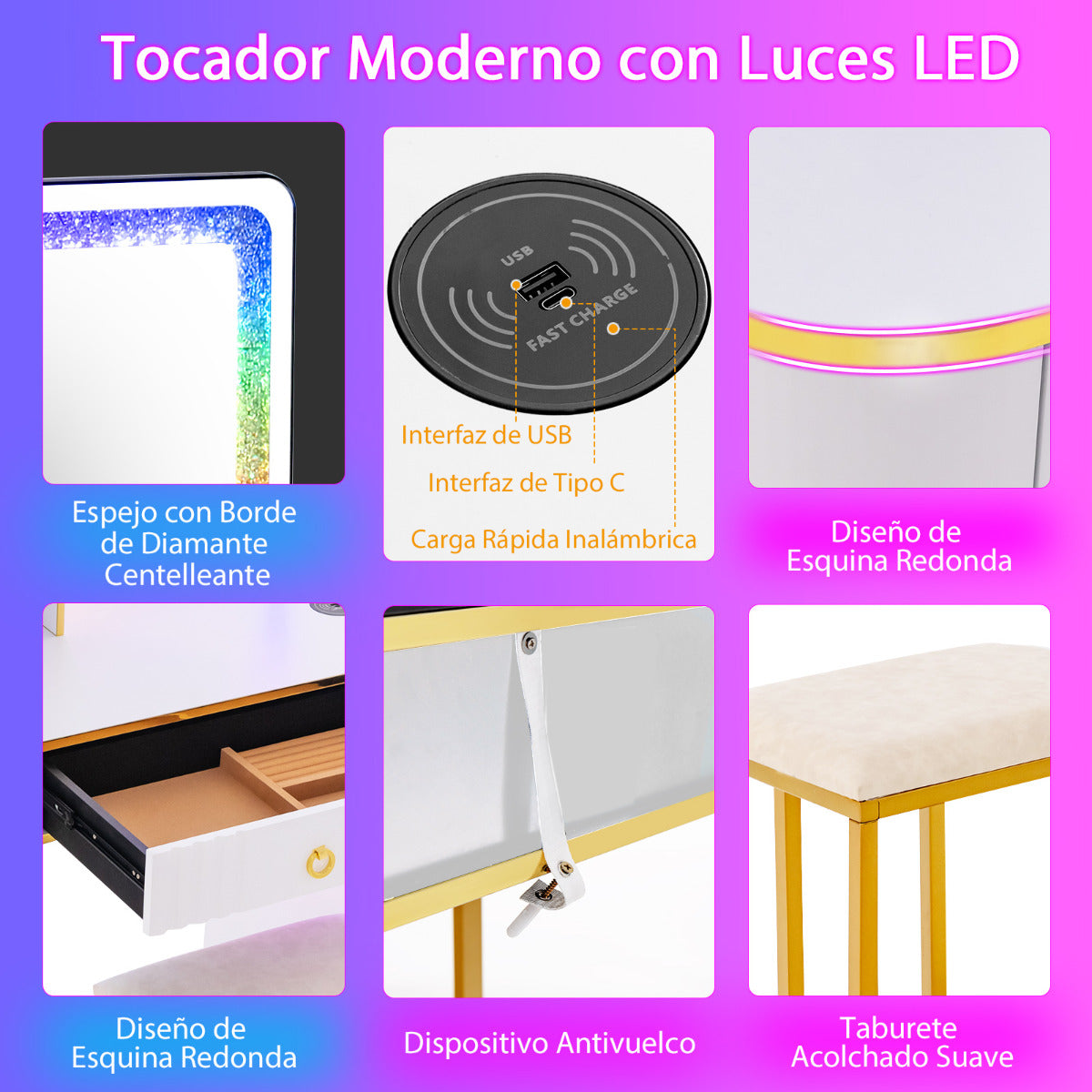 Tocador RGB de Maquillaje con Espejo 4 Cajones 7 Luces LED Dinámicas 7 Estáticas Taburete y Puertos USB Tipo C para Dormitorio Blanco