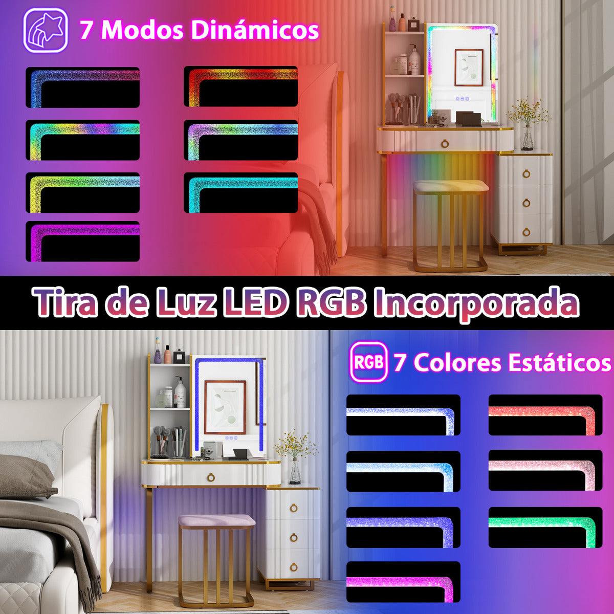 Tocador RGB de Maquillaje con Espejo 4 Cajones 7 Luces LED Dinámicas 7 Estáticas Taburete y Puertos USB Tipo C para Dormitorio Blanco
