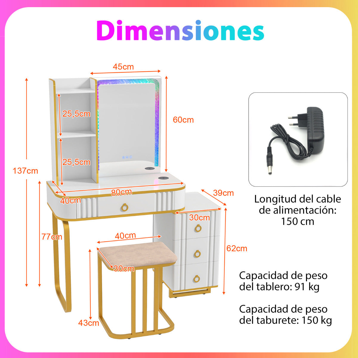 Tocador RGB de Maquillaje con Espejo 4 Cajones 7 Luces LED Dinámicas 7 Estáticas Taburete y Puertos USB Tipo C para Dormitorio Blanco