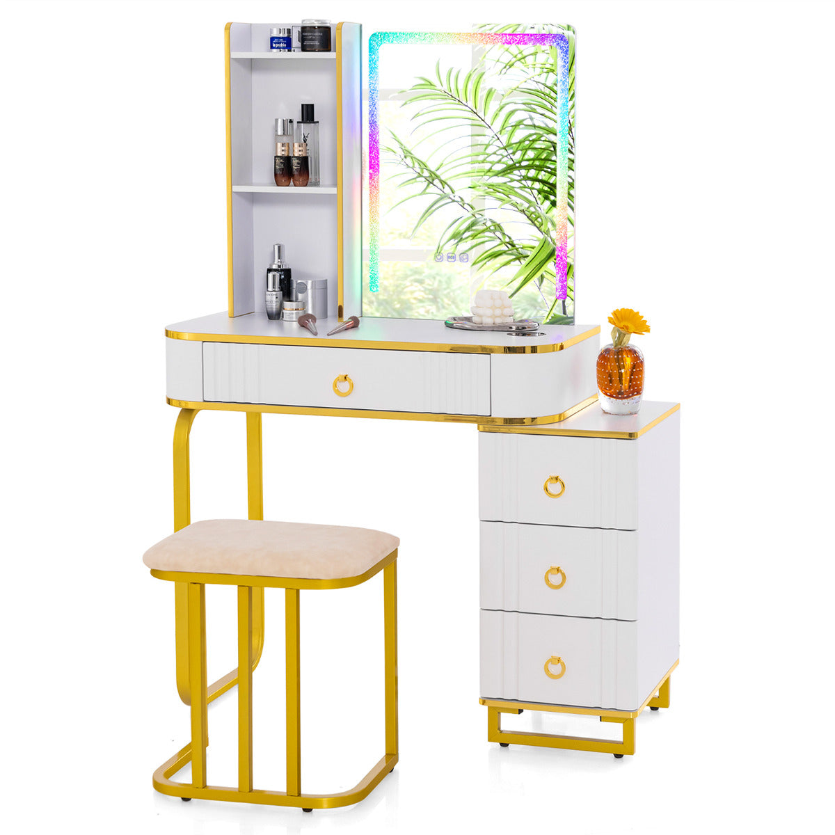 Tocador RGB de Maquillaje con Espejo 4 Cajones 7 Luces LED Dinámicas 7 Estáticas Taburete y Puertos USB Tipo C para Dormitorio Blanco