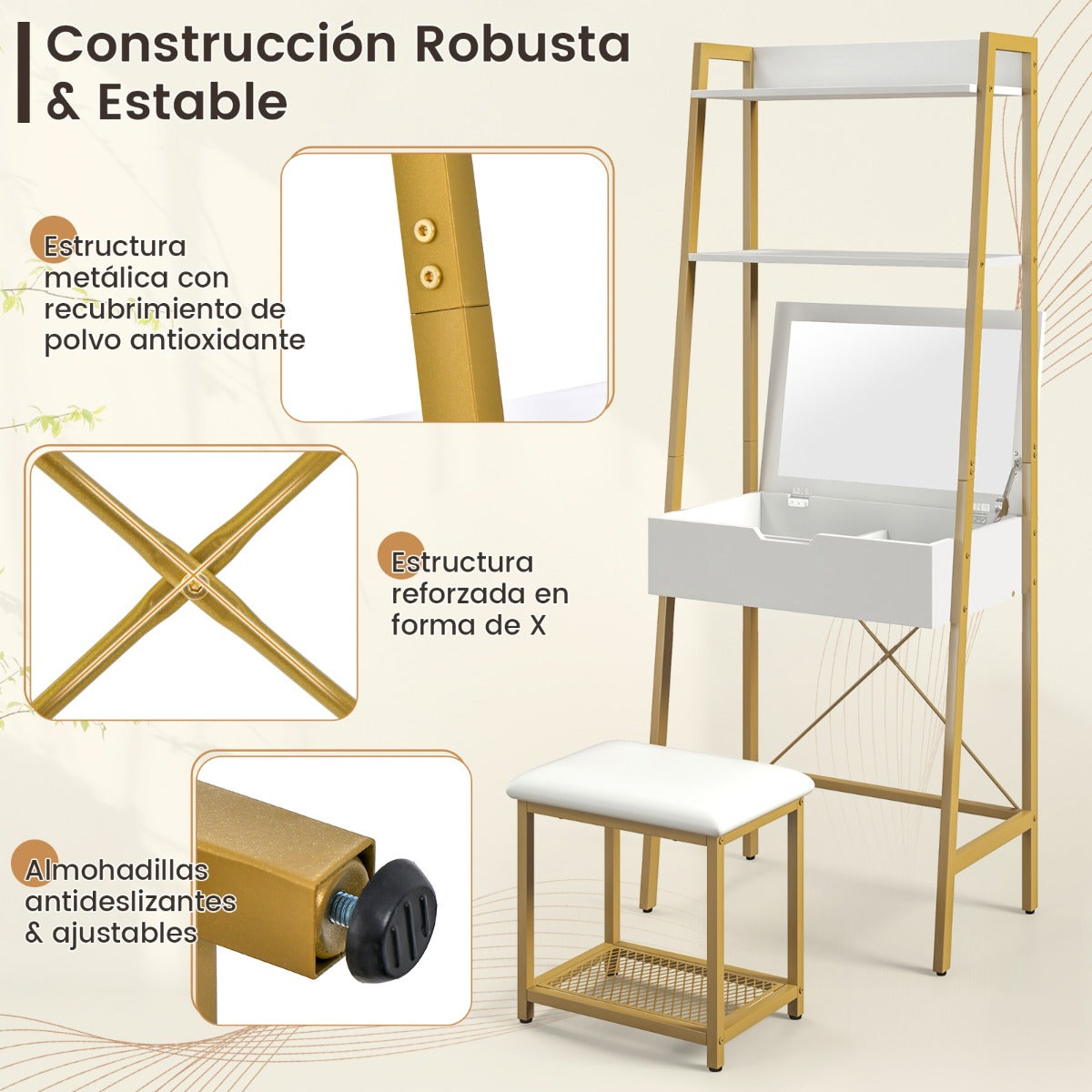 Tocador en Forma de Escalera con Espejo Abatible Estantes Compartimentos Ocultos y Taburete Acolchado-Blanco