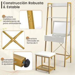 Tocador en Forma de Escalera con Espejo Abatible Estantes Compartimentos Ocultos y Taburete Acolchado-Blanco