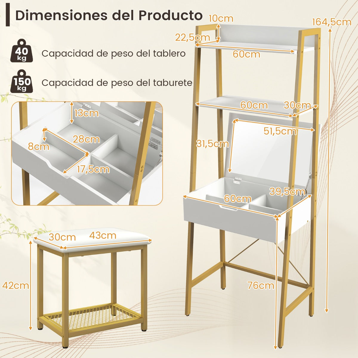 Tocador en Forma de Escalera con Espejo Abatible Estantes Compartimentos Ocultos y Taburete Acolchado-Blanco