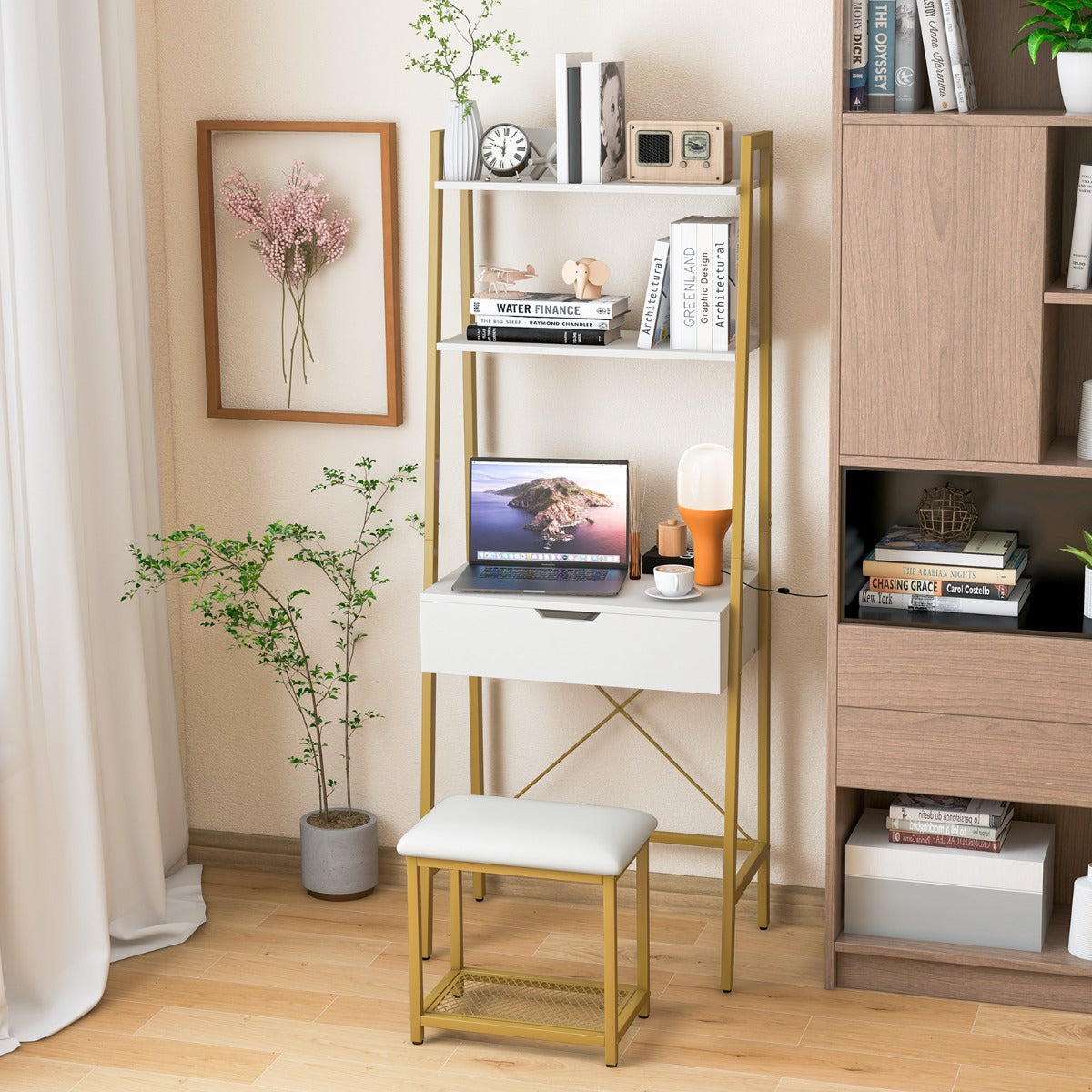 Tocador en Forma de Escalera con Espejo Abatible Estantes Compartimentos Ocultos y Taburete Acolchado-Blanco