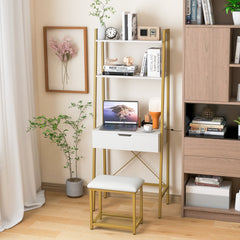 Tocador en Forma de Escalera con Espejo Abatible Estantes Compartimentos Ocultos y Taburete Acolchado-Blanco