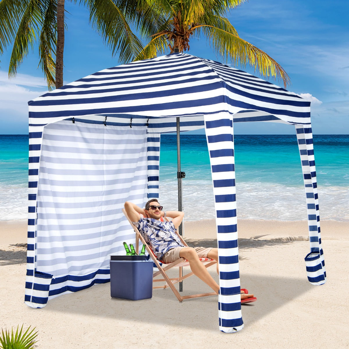 Sombrilla Playa Portátil con Pared Lateral Desmontable Bolsa de Transporte 8 Sacos de Arena Protección Solar para Exteriores 183 x 183 cm