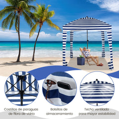 Sombrilla Playa Portátil con Pared Lateral Desmontable Bolsa de Transporte 8 Sacos de Arena Protección Solar para Exteriores 183 x 183 cm