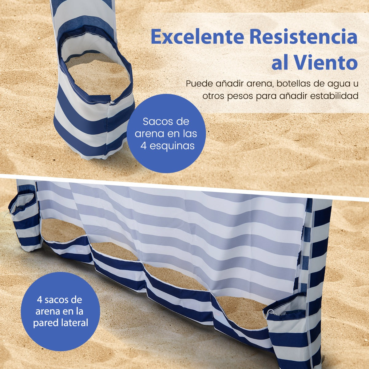 Sombrilla Playa Portátil con Pared Lateral Desmontable Bolsa de Transporte 8 Sacos de Arena Protección Solar para Exteriores 183 x 183 cm