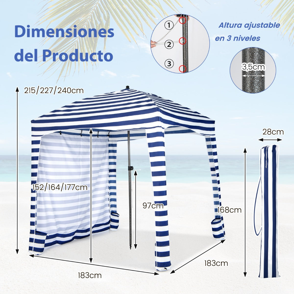 Sombrilla Playa Portátil con Pared Lateral Desmontable Bolsa de Transporte 8 Sacos de Arena Protección Solar para Exteriores 183 x 183 cm