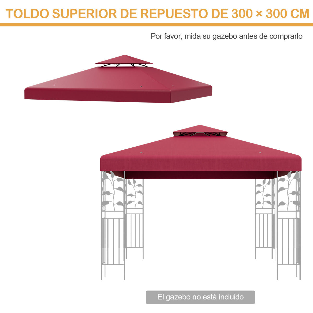 Toldo de Repuesto Dos Pisos para Cenador 300 x 300 cm Toldo de Pabellón de Poliéster de Patio con Hebillas de Aluminio Rojo