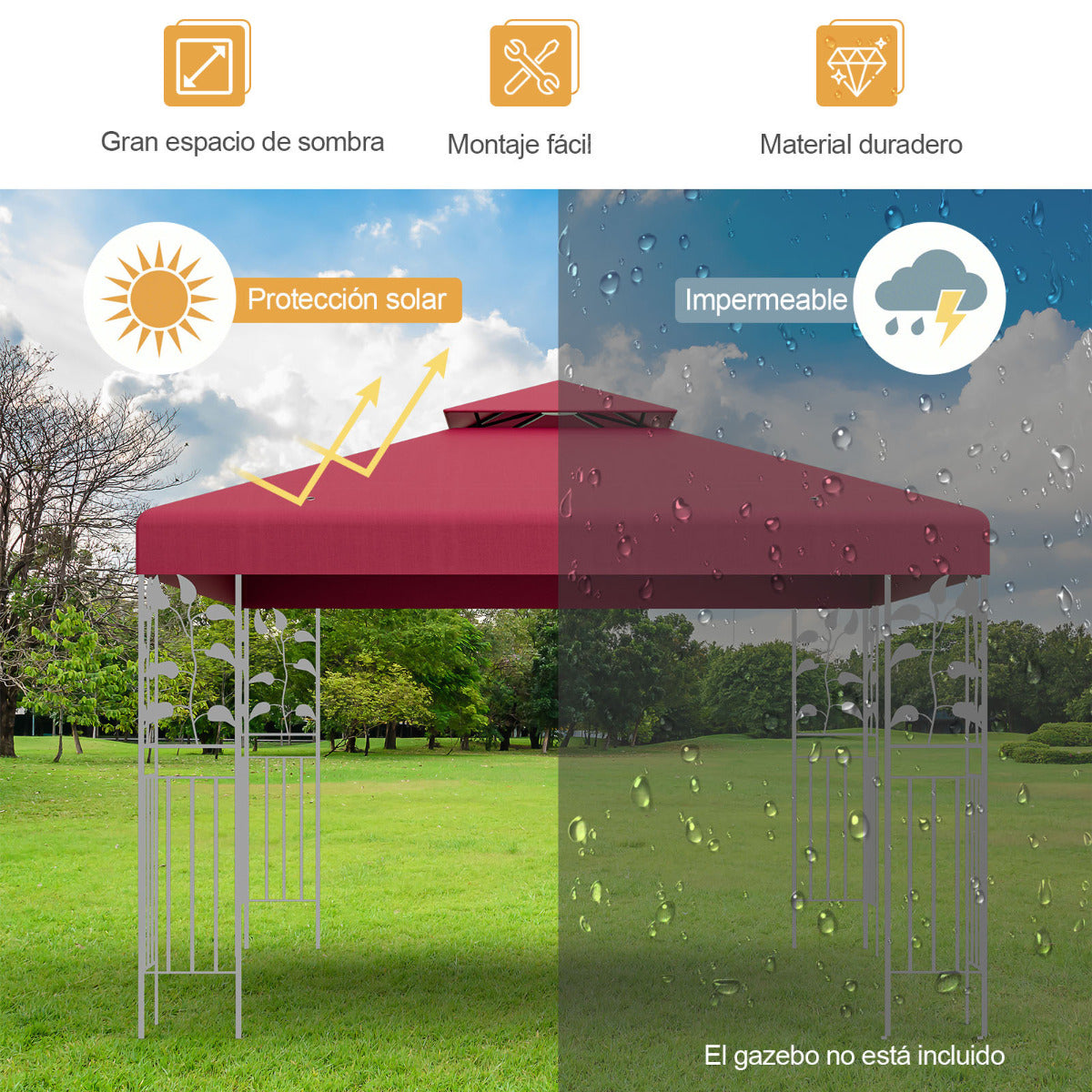 Toldo de Repuesto Dos Pisos para Cenador 300 x 300 cm Toldo de Pabellón de Poliéster de Patio con Hebillas de Aluminio Rojo