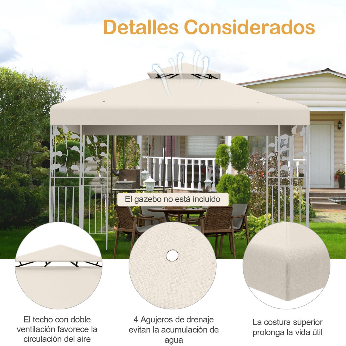 Toldo de Repuesto Dos Pisos para Cenador 3 x 3 m Toldo de Pabellón de Poliéster de Patio con Hebillas de Aluminio Beige